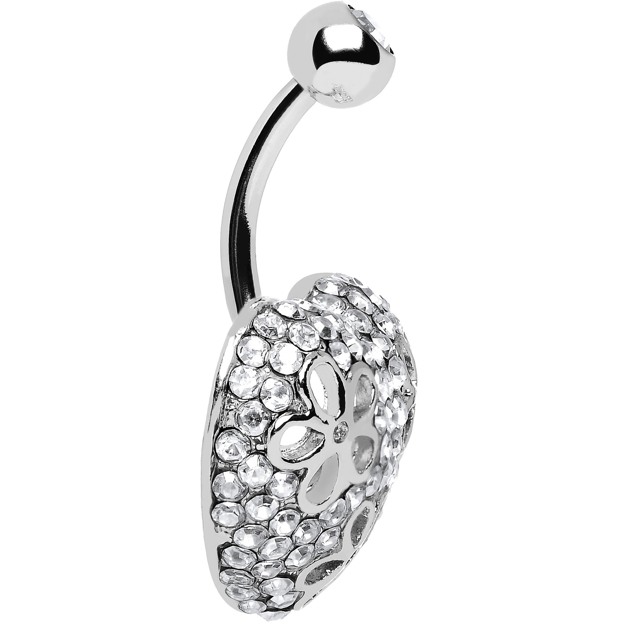 Clear Cubic Zirconia Paved Floral Heart Belly Ring