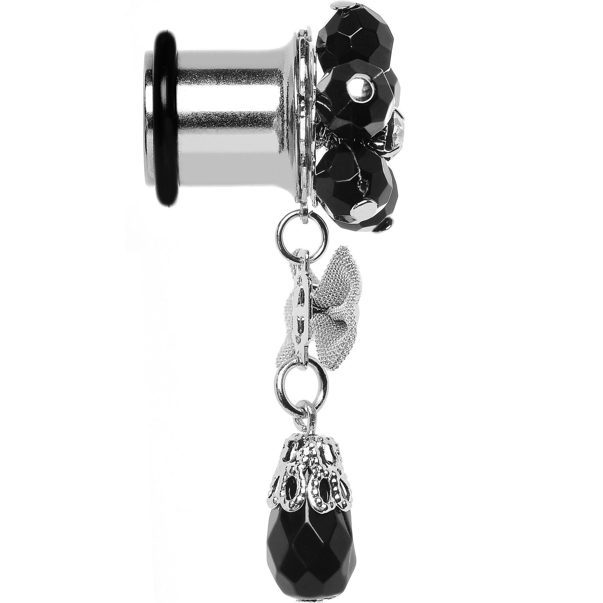 Steel Black Flower Mesh Bow Dangle Plug Sizes 5mm to 12mm