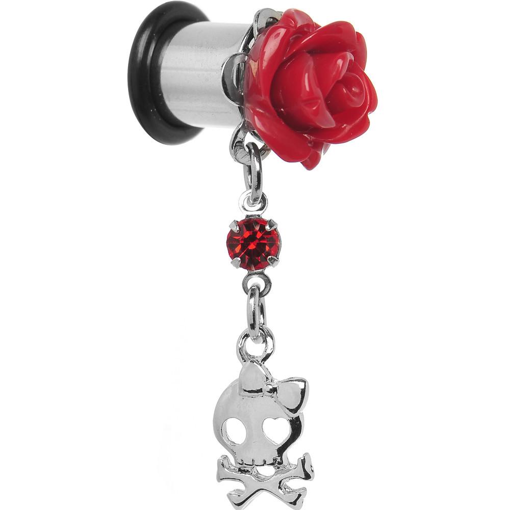 Red Rose Flower Skull Crossbones Dangle Plug Sizes 5mm to 12mm