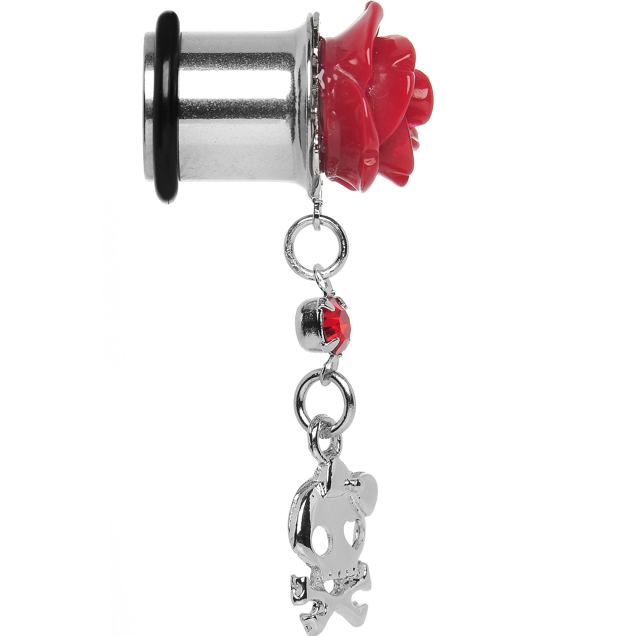 Red Rose Flower Skull Crossbones Dangle Plug Sizes 5mm to 12mm