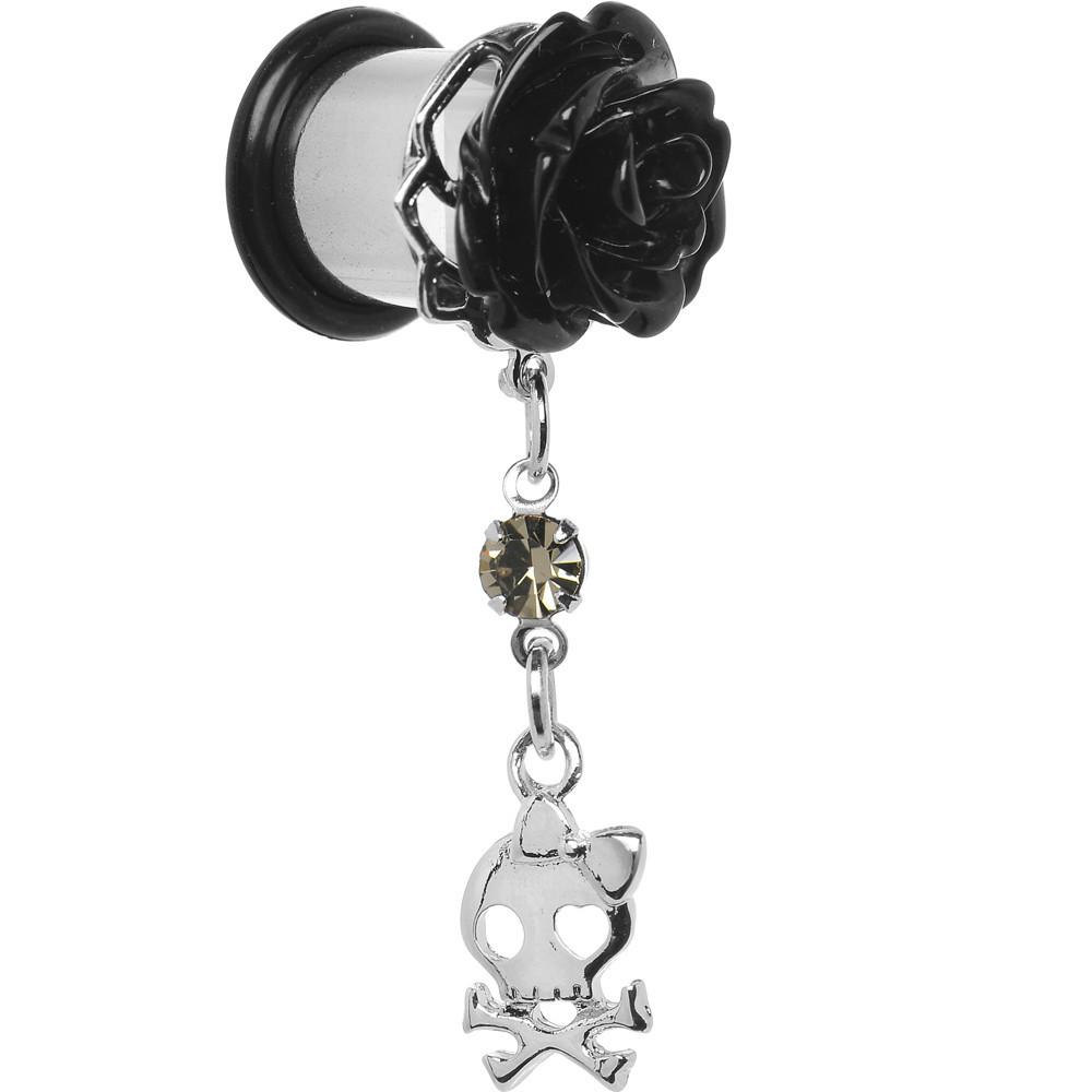 Black Rose Flower Skull Crossbones Dangle Plug Sizes 5mm to 12mm
