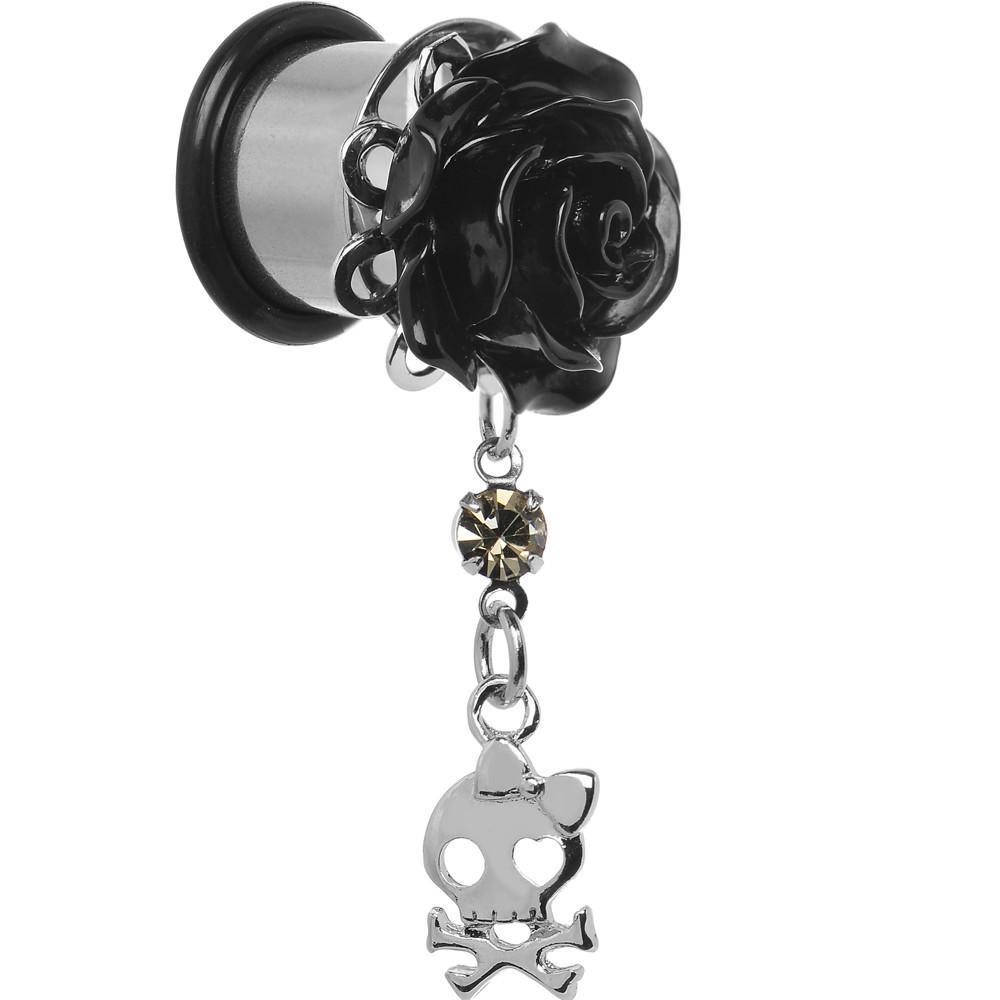 Black Rose Flower Skull Crossbones Dangle Plug Sizes 5mm to 12mm