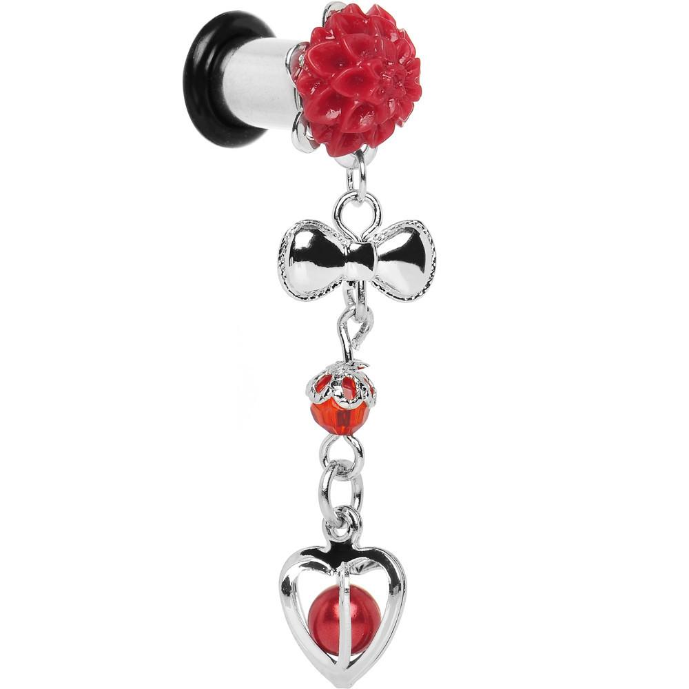 Red Flower Heart to Heart Dangle Plug Sizes 5mm to 00 Gauge