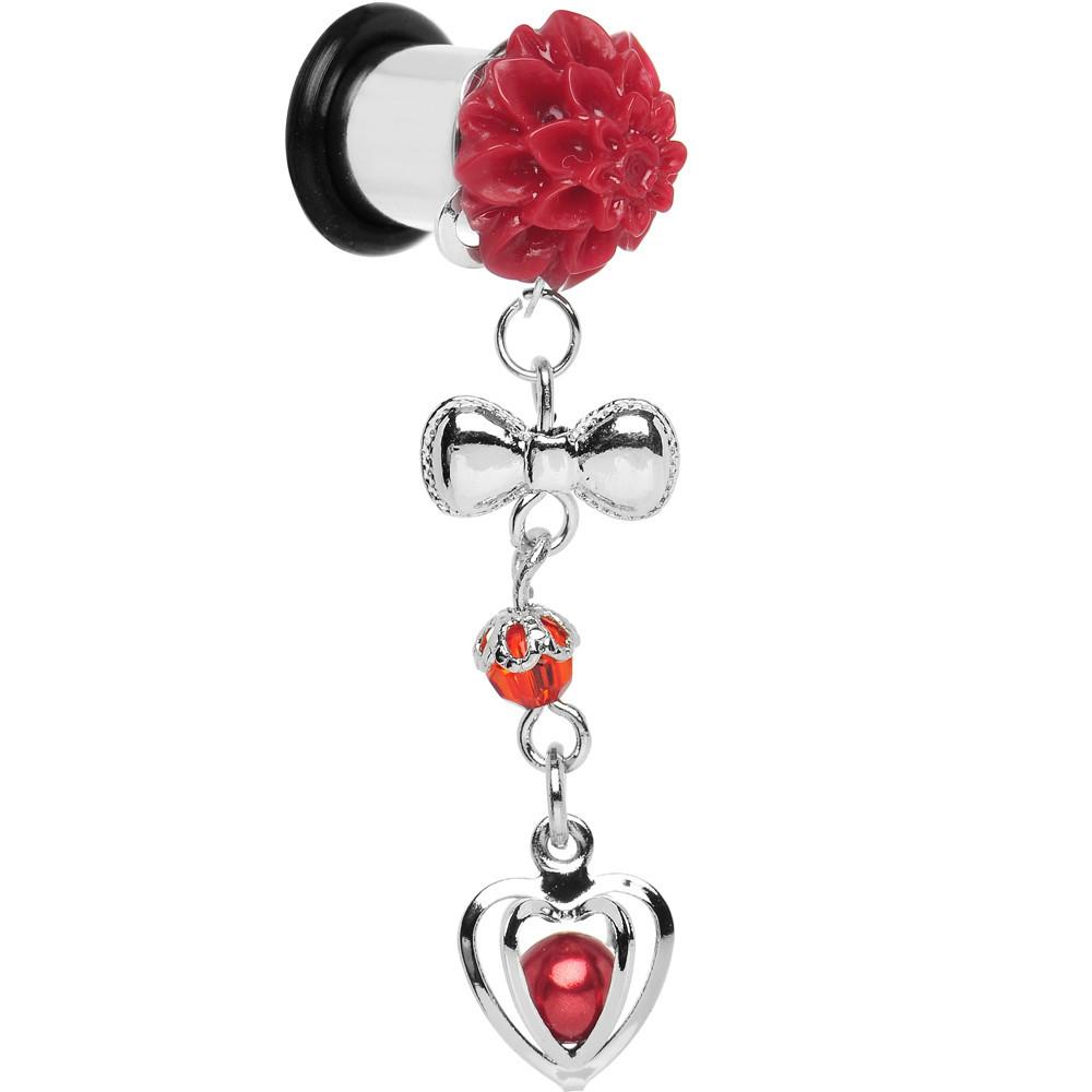 Red Flower Heart to Heart Dangle Plug Sizes 5mm to 00 Gauge
