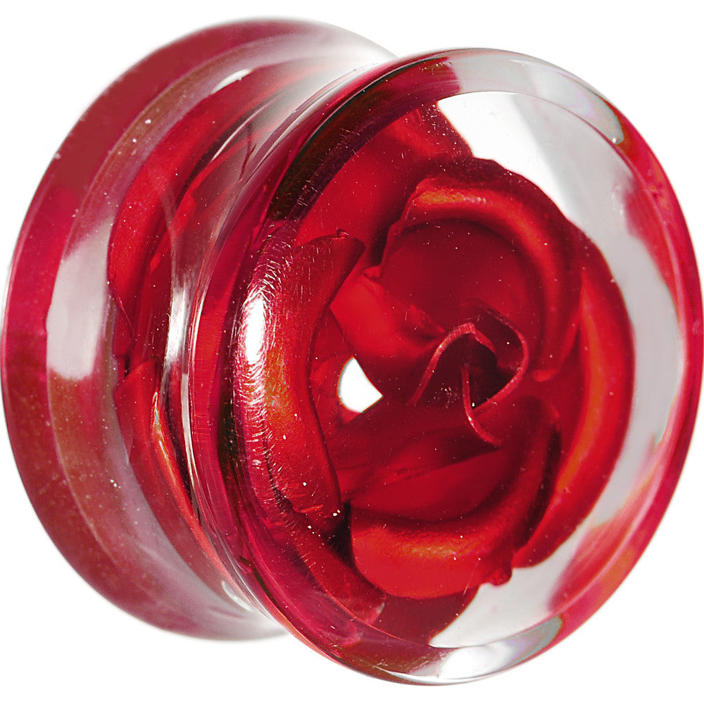 18mm Clear Acrylic Floating Red Metallic Rose Flower Plug