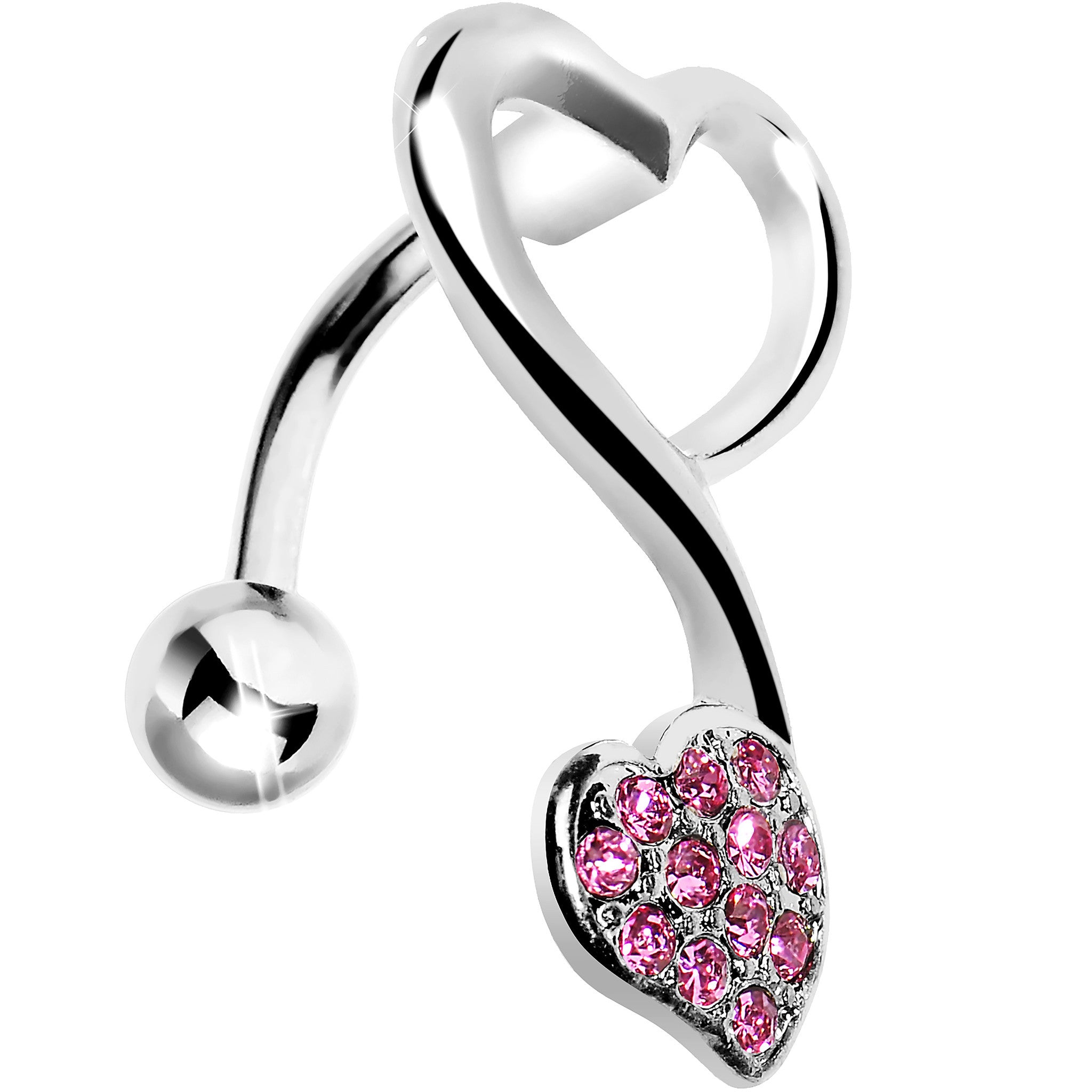 Top Mount Pink Gem Swirling Dual Hearts Belly Ring