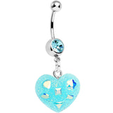 Crystalline Gem Aqua Glitter Heart Dangle Belly Ring