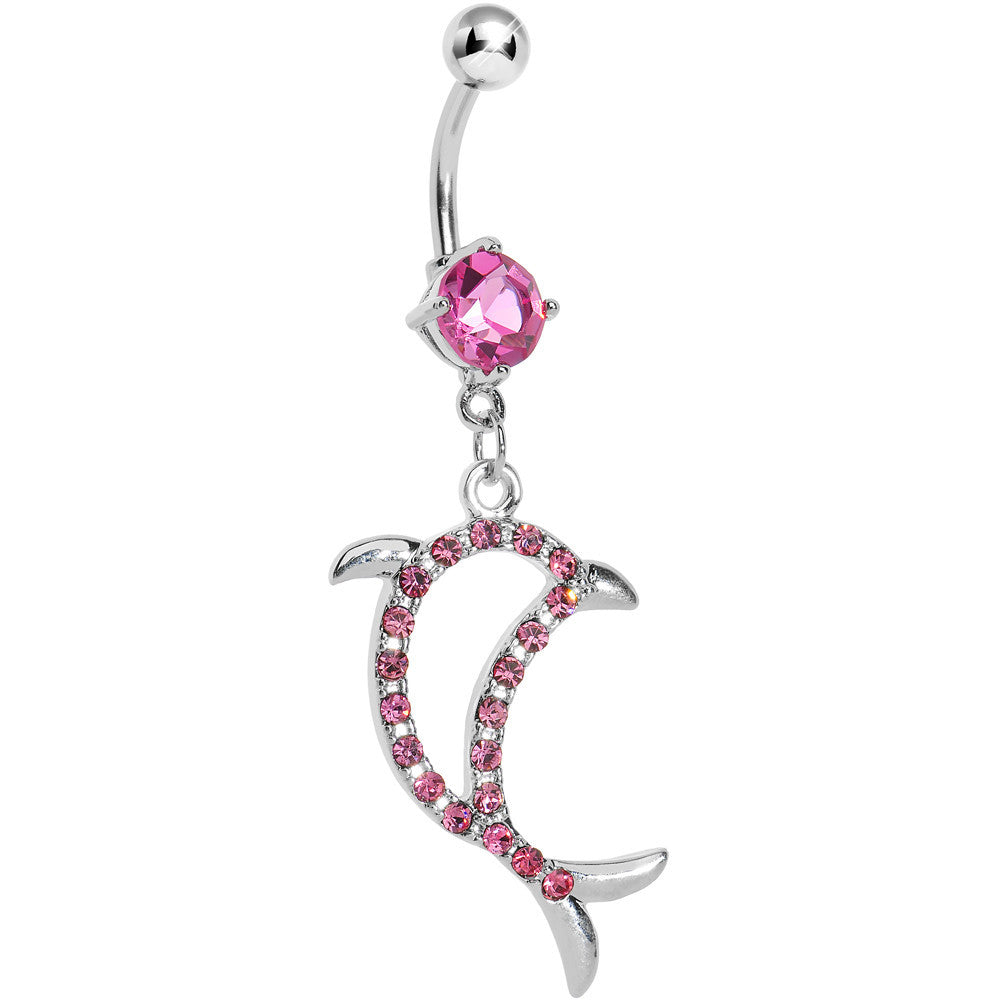 Pink Gem Elegant Dolphin Outline Belly Ring