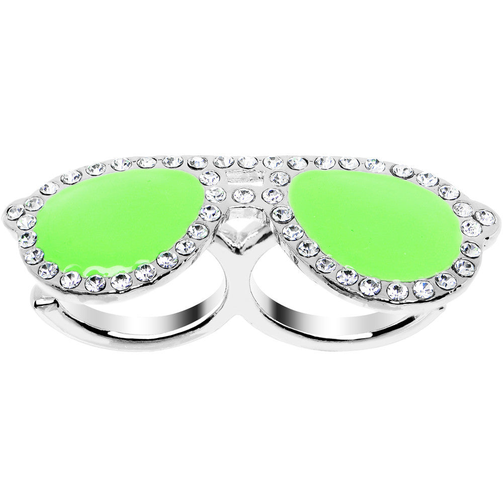 Green Neon Clear Gem Silver Tone Fashion Glasses Double Finger Ring