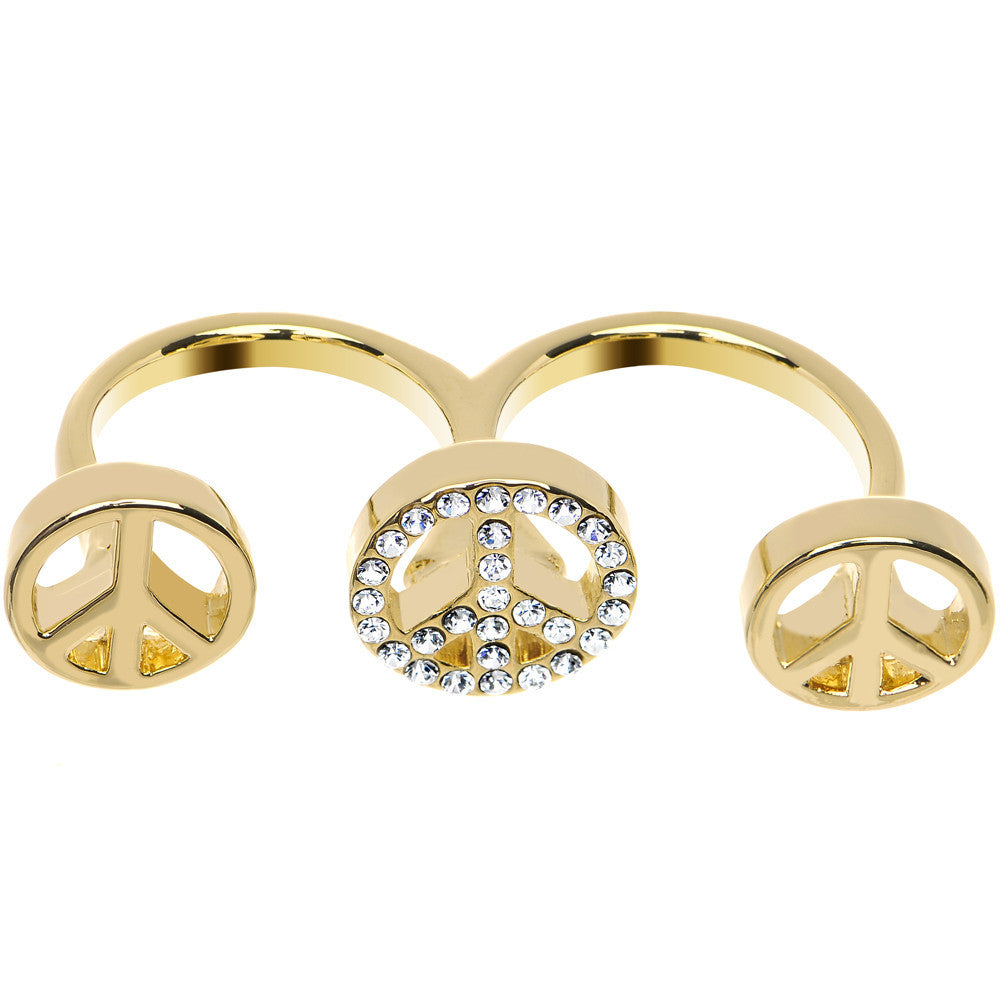 Clear Gem Gold Tone Triple Peace Sign Double Finger Ring