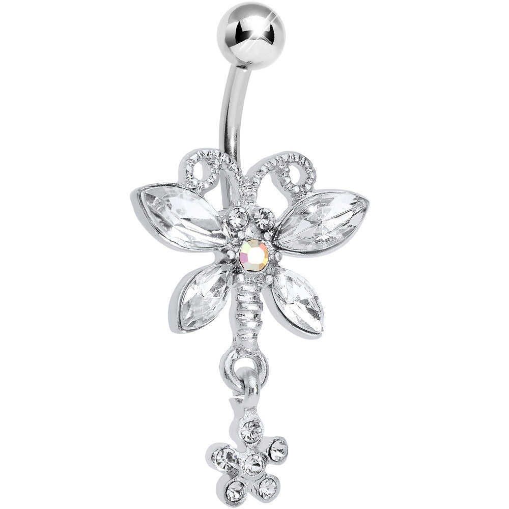 Crystalline Gem Dazzling Dragonfly Flower Dangle Belly Ring