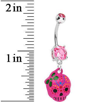 Pink Gem Girly Sugar Skull Dangle Belly Ring