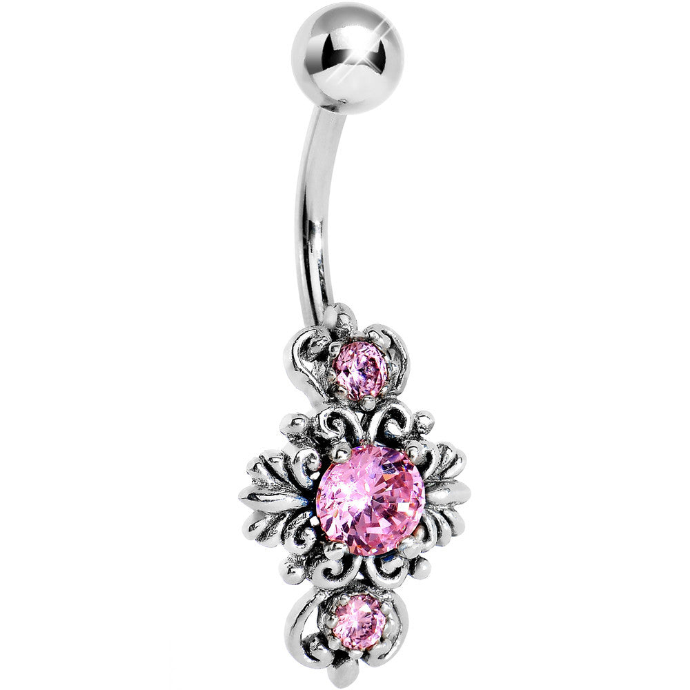 Silver 925 Pink Gem Silver Scroll Leaf Belly Ring