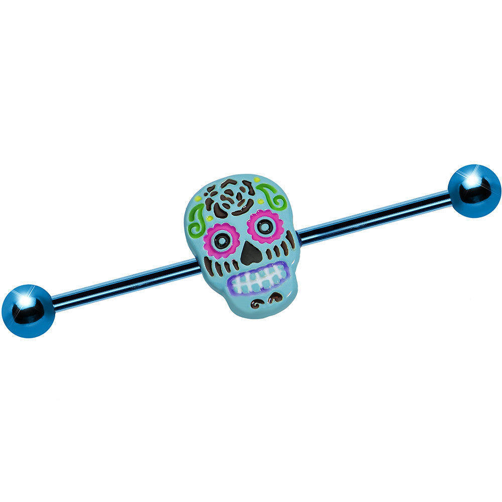 Light Blue Anodized Titanium Baby Blue Sugar Skull Industrial Barbell