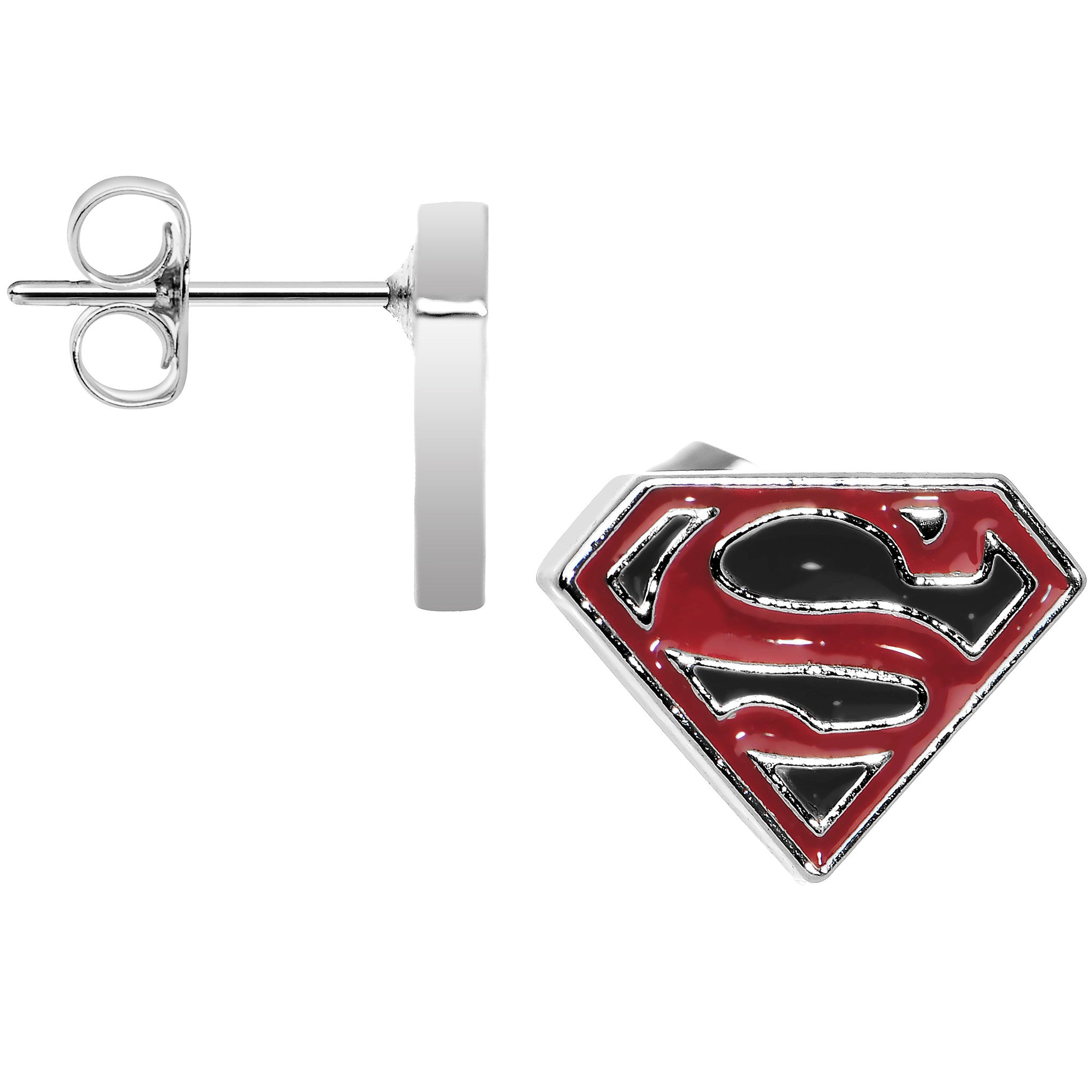 Licensed Black and Red Superman Logo Stud Earrings