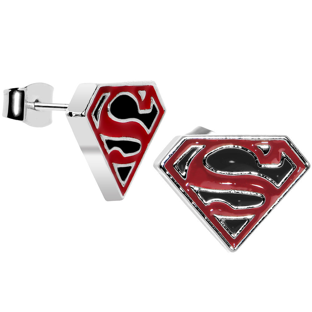 Licensed Black and Red Superman Logo Stud Earrings
