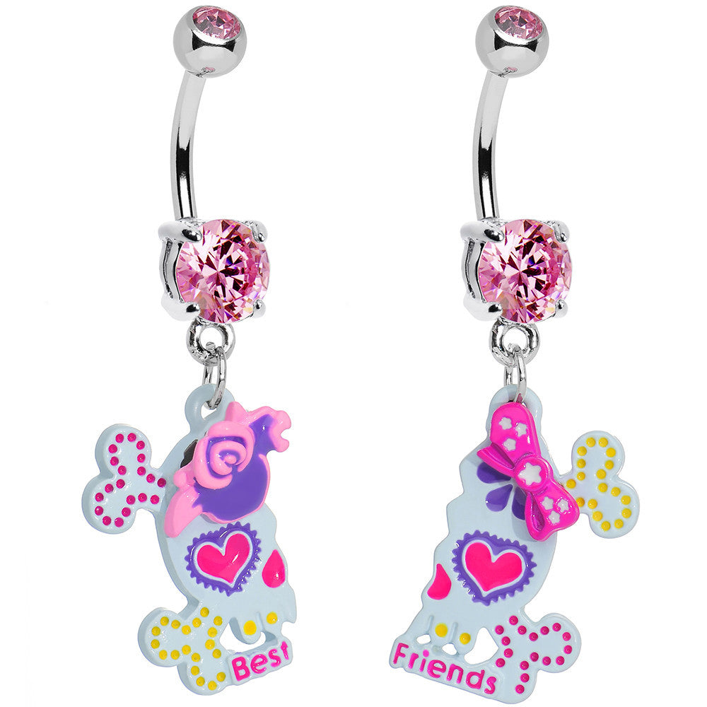 Pink Gem Sugar Skull Best Friends Dangle Belly Ring Set