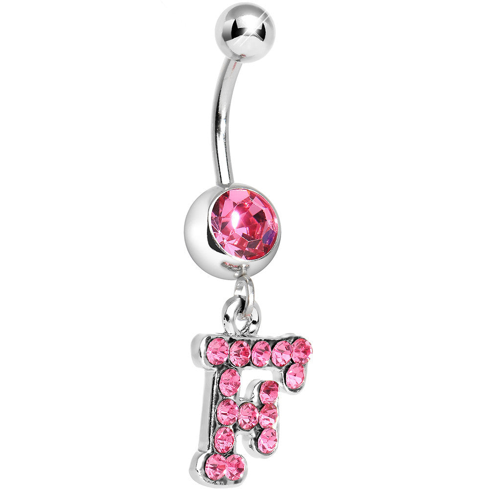 Pink Gem Letter F Initial Dangle Belly Ring