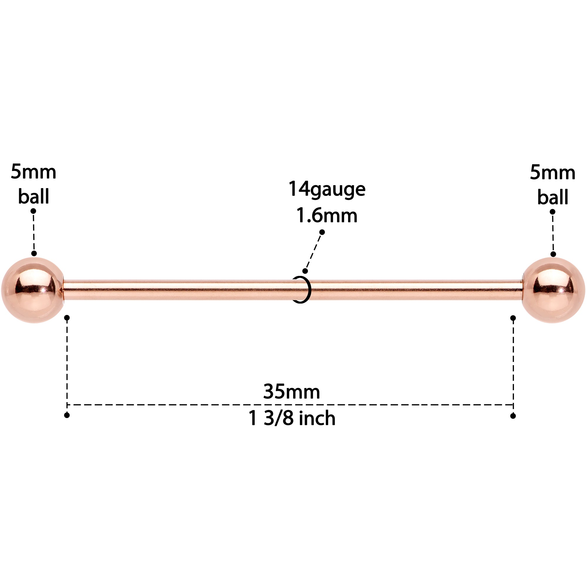 14 Gauge 1 3/8 Rose Gold Plated Straight Barbell