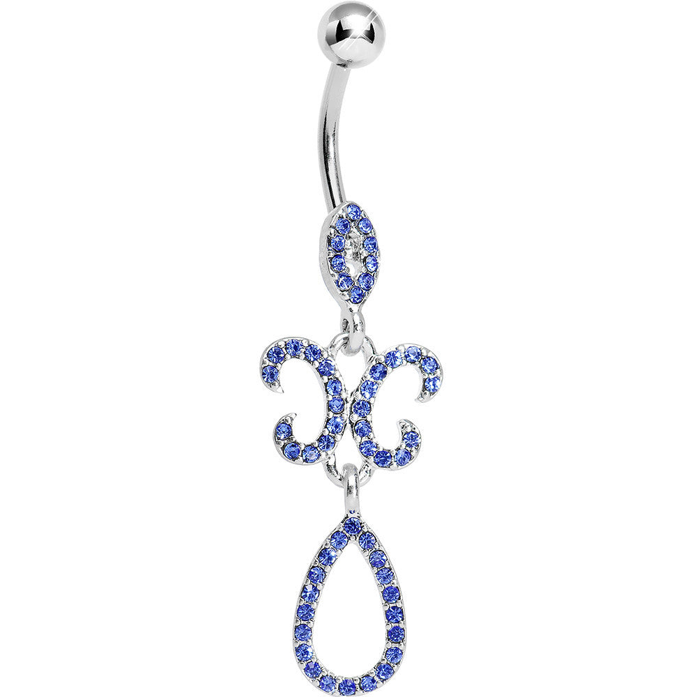 Sapphire Blue Gem Crystalline Fleur di Lis Teardrop Double Dangle Belly Ring