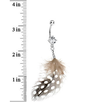 Clear Gem Natural Feather Dangle Belly Ring