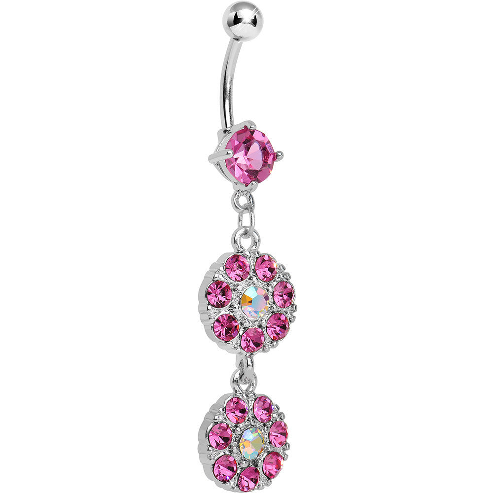 Pink Gem Dazzling Double Drop Dangle Belly Ring