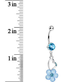Aqua Gem Hollow Heart Flower Dangle Belly Ring