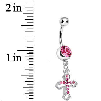 Pink Gem Hollow Cross Charm Double Dangle Belly Ring