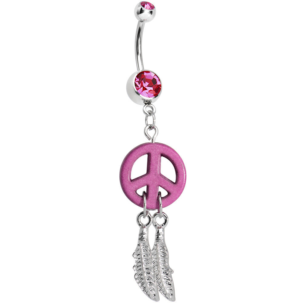 Pink Gem Peace Sign Dreamcatcher Dangle Belly Ring