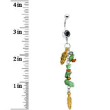Black Gem Turquoise Gold Feathers Dangle Belly Ring
