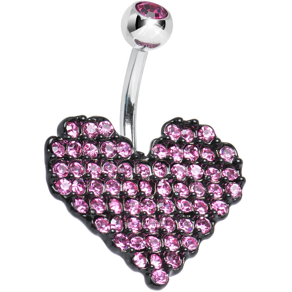 Pink Gem Paved Black Valentine Heart Belly Ring