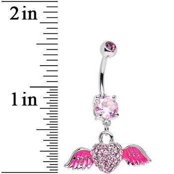 Pink Gem Paved Heart Neon Wings Dangle Belly Ring