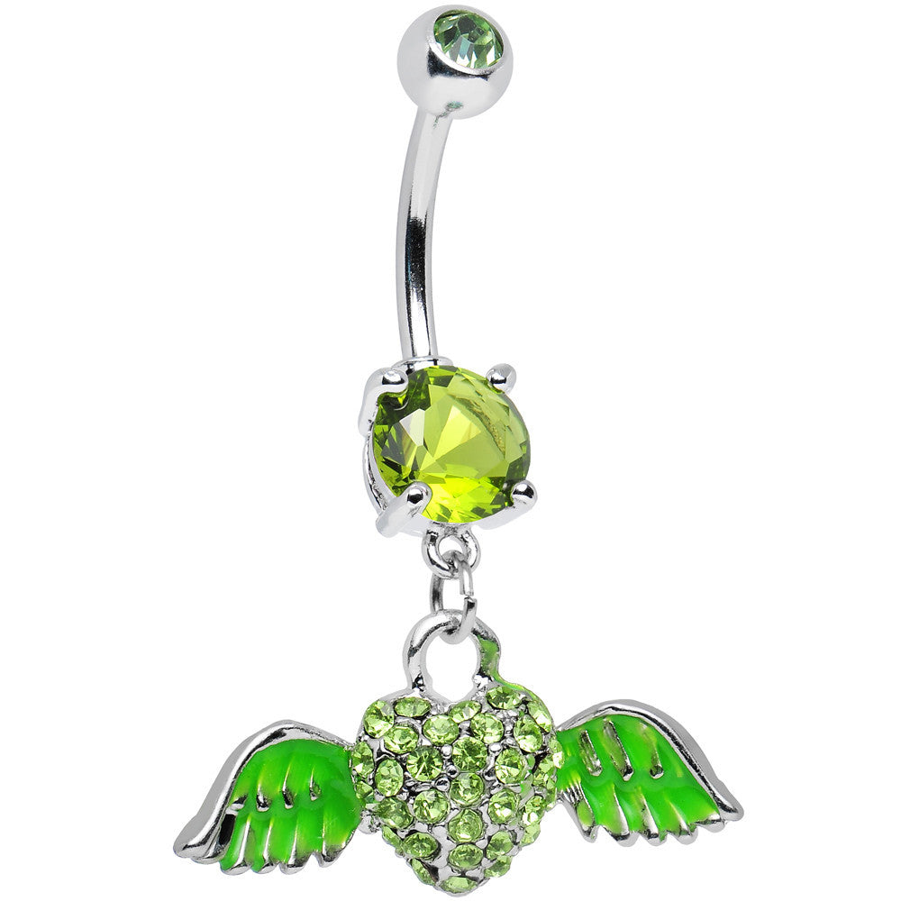Green Gem Paved Heart Neon Wings Dangle Belly Ring