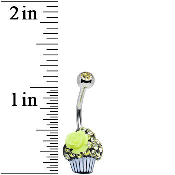 Yellow Gem Paved Rose Flower Topped Cupcake Belly Ring