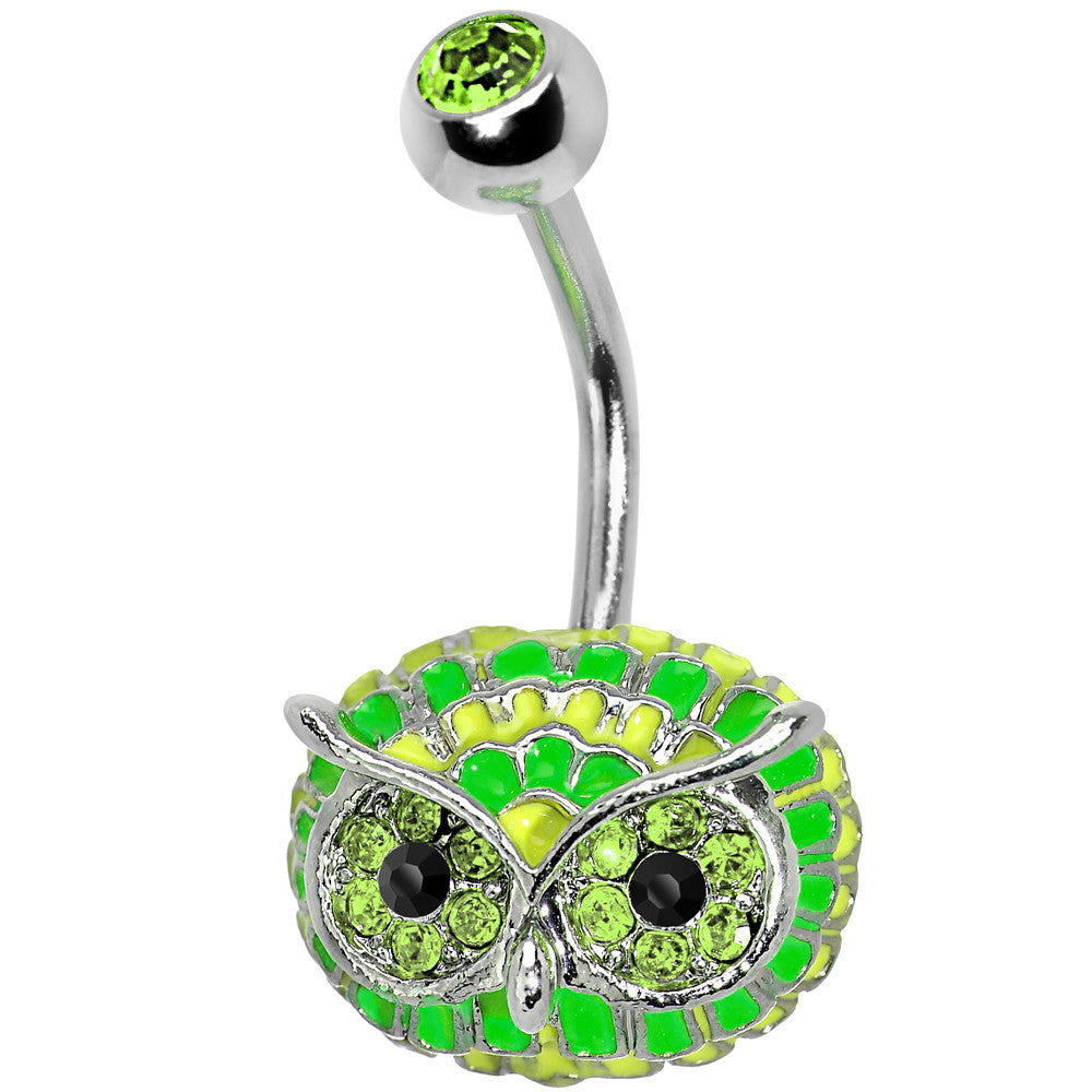 Green Gem with Multi Neon Feathers Owl Face Belly Ring