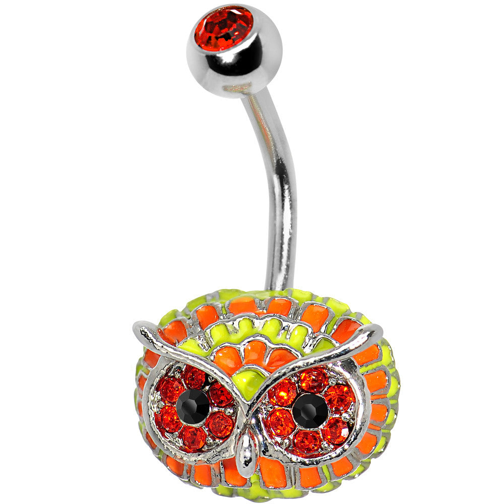 Orange Gem with Multi Neon Feathers Owl Face Belly Ring
