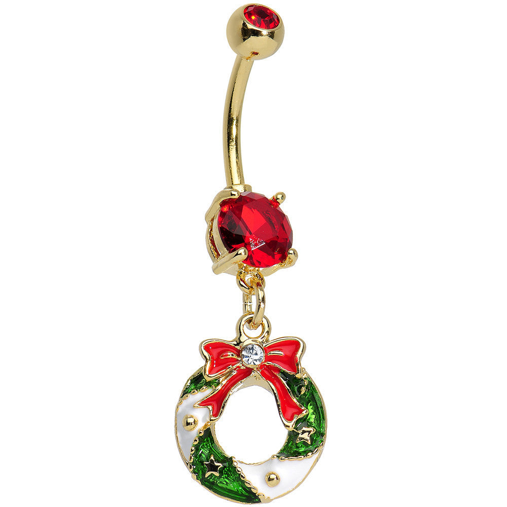 Red CZ Gold Plated Snow Covered Wreath Dangling Belly Ring