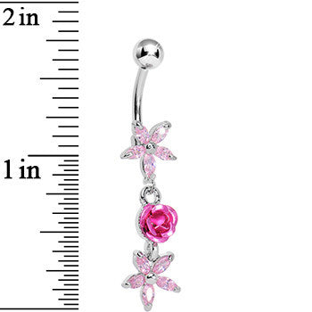 Pink Gem Star Flower with Rose Dangle Belly Ring