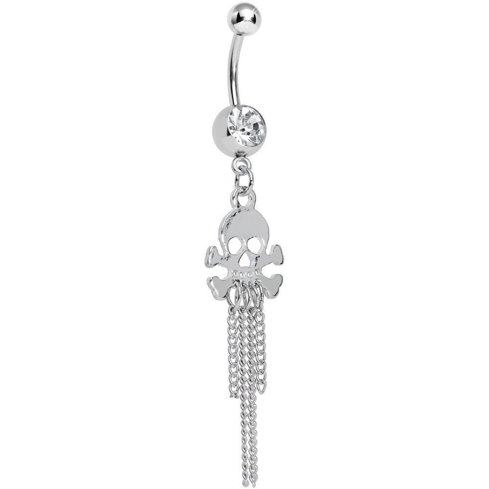 Clear Gem Rattling Chains Skull and Bones Dangle Belly Ring