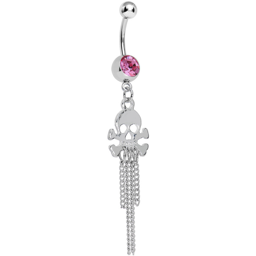 Pink Gem Rattling Chains Skull and Bones Dangle Belly Ring