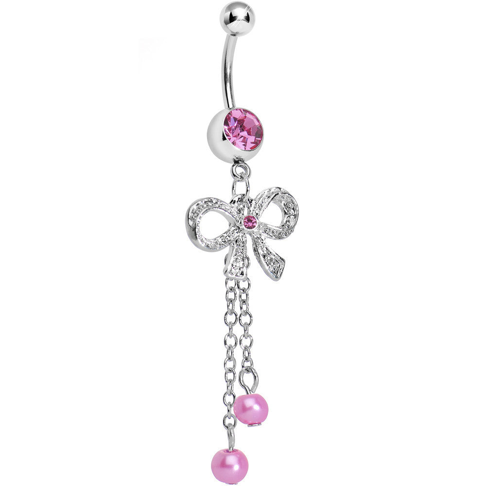 Pink Gem Knotted Up Chain Bow Dangle Belly Ring