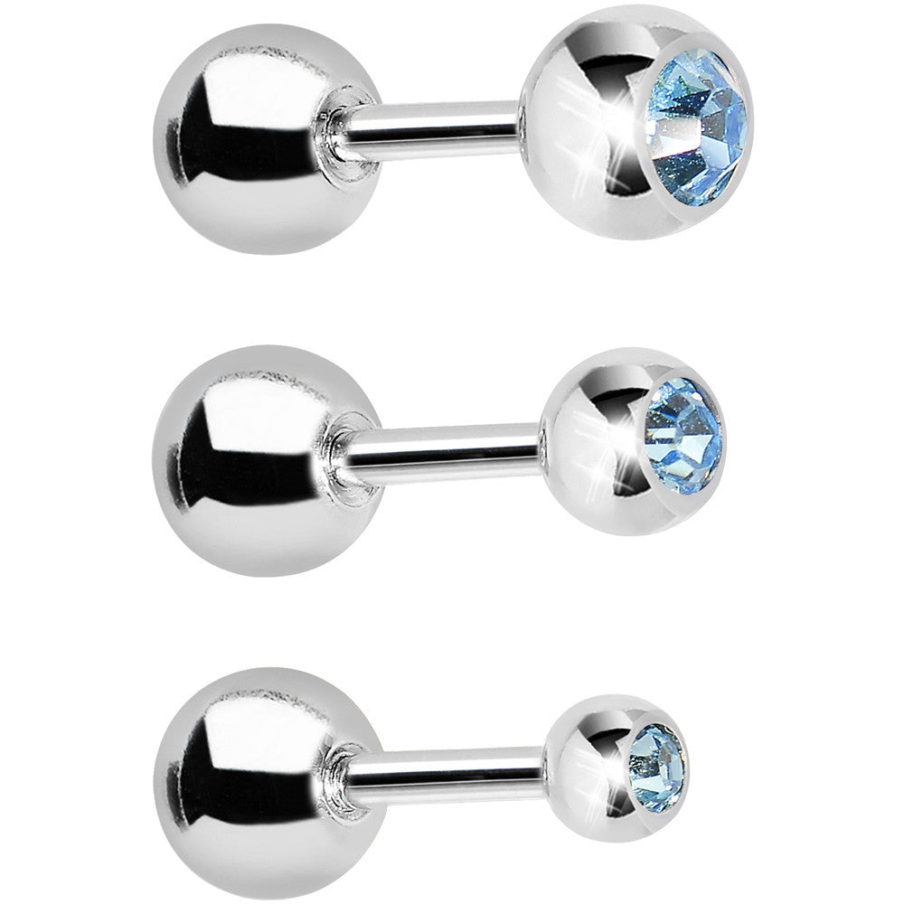 16G 1/4 Aqua Gem Cartilage Tragus Barbell Set of 3