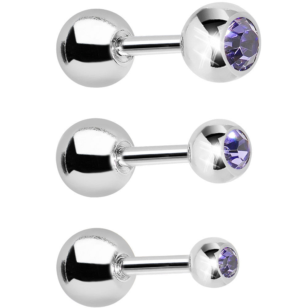 16G 1/4 Purple Gem Cartilage Tragus Barbell Set of 3