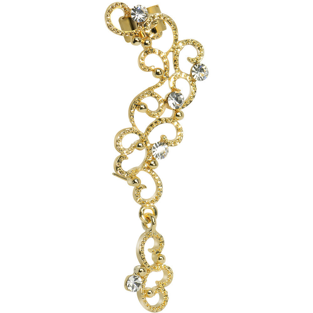 18KT Gold Plated Clear Gem Hidden Hearts Dangling Wrap Ear Cuff