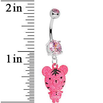 Pink Gem Pink Neon Adorable Baby Tiger Dangle Belly Ring