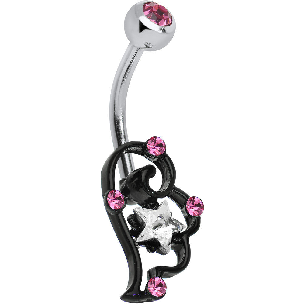 Pink and Clear Gem Star Over Black Puffy Wing Belly Ring