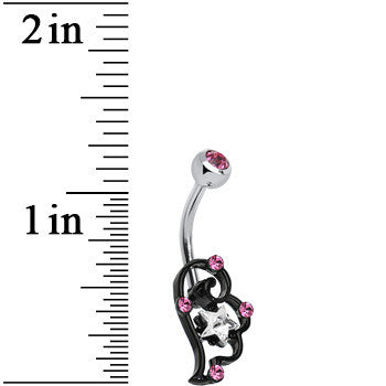 Pink and Clear Gem Star Over Black Puffy Wing Belly Ring