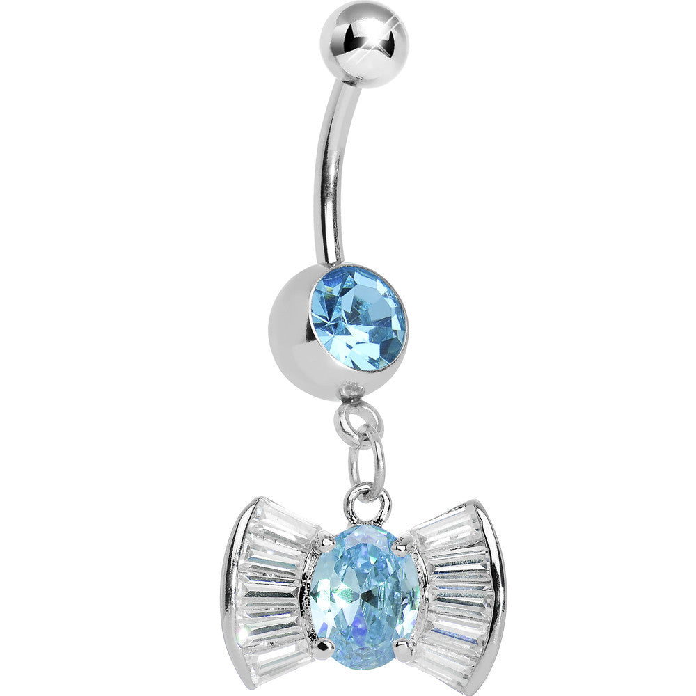 Aqua and Clear Gem Dazzling Bow Dangle Belly Ring