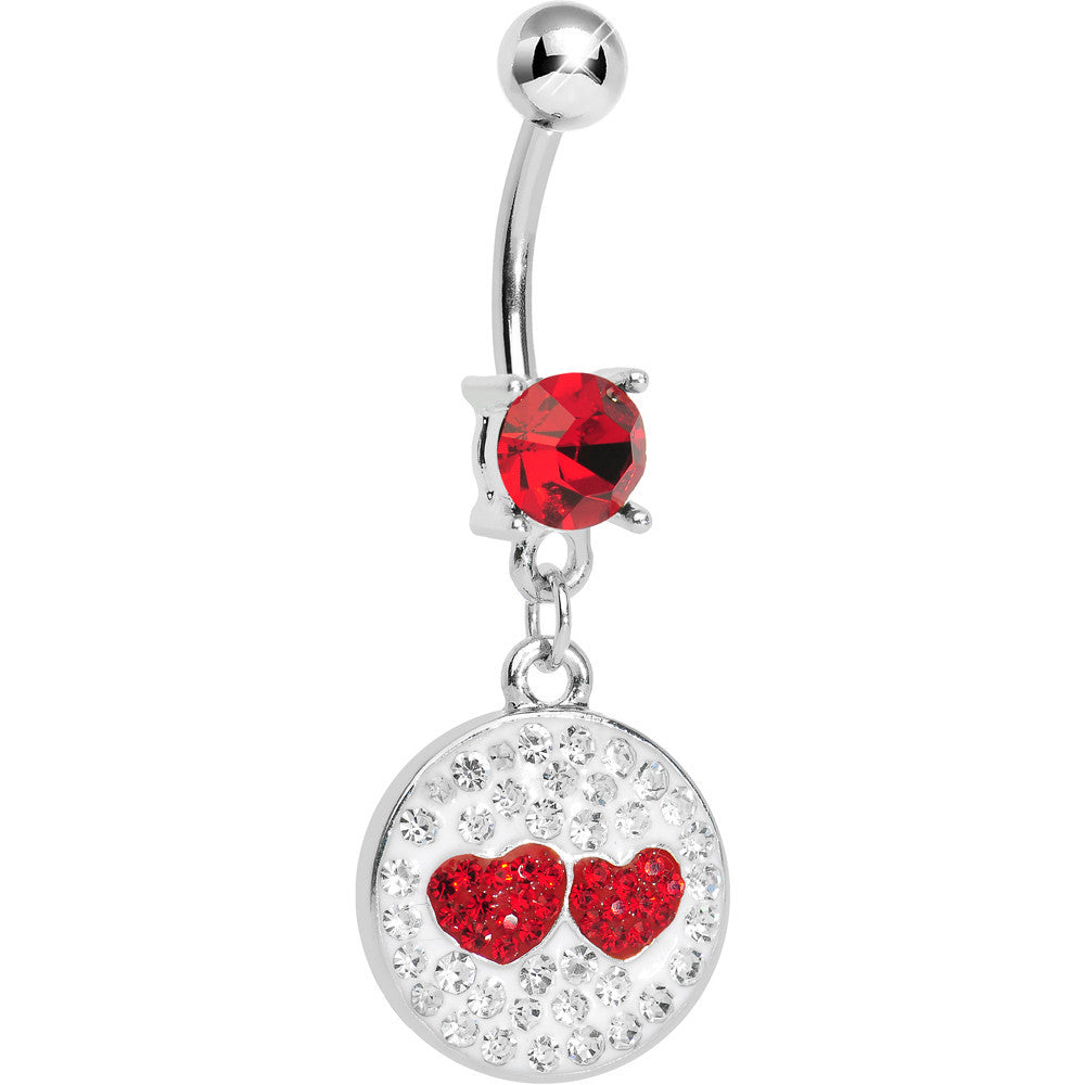 Red Clear Gem Paved Perfect Match Hearts Dangle Belly Ring