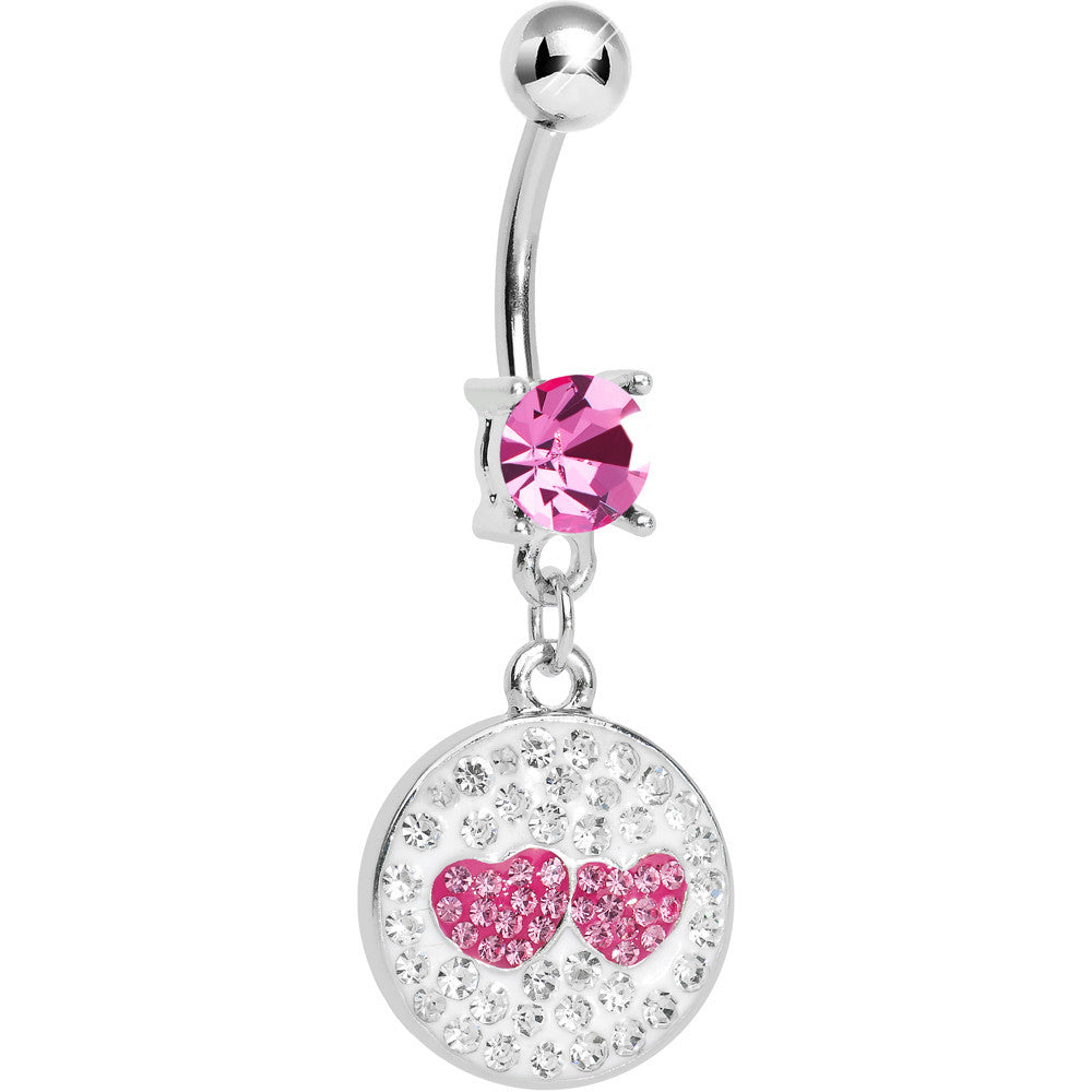 Pink Clear Gem Paved Perfect Match Hearts Dangle Belly Ring